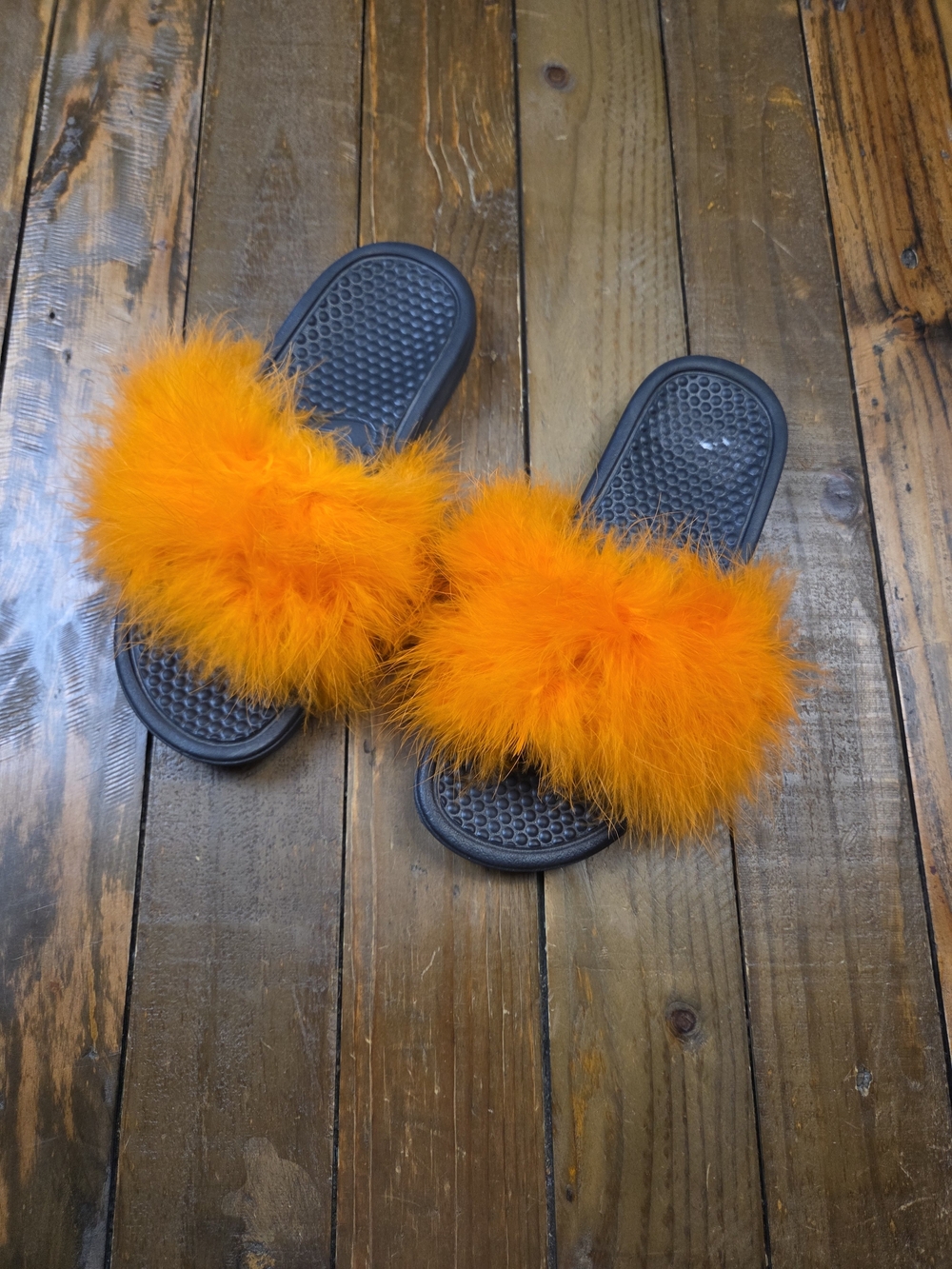 Custom Nike Black Slides with Bright Orange Faux Feather Strap Womens Size 8